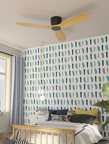 Flush Mount Ceiling Fan no light with Remote, 52 inch Low Profile Wood Ceiling Fan no light, Modern Ceiling Fan without light for Outdoor, Bedroom, Natural Wood and matte Black, DC Motor, 6 Speed thumbnail 7