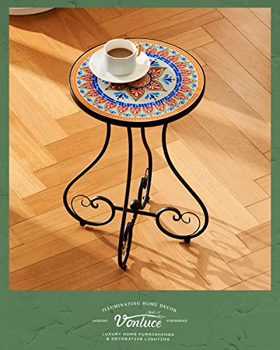 VONLUCE Round Side Table, Indoor and Outdoor Plant Stand, Small Coffee Table with 36cm Ceramic Tile Top for Patio Balcony, 53cm Tall Mosaic Garden Table, Living Room End Table or Bedside Table, Floral - Image 2