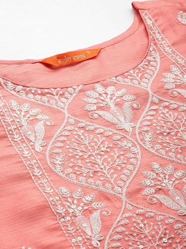 Image of INDO ERA Women's Embroidered Silk Blend Calf Length Straight Kurta Trouser With Dupatta Set (Kh9Ph7570)