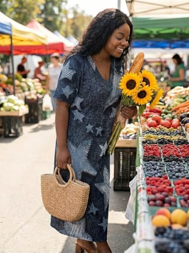 Image of Plus Size Maxi Dress for Women Short Sleeve V Neck Casual Loose Sundress with Pockets