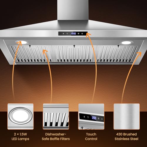 Image of Tieasy Range Hood 36 inch Wall Mount Kitchen Hood 700 CFM with Ducted /Ductless Convertible Duct, Touch Control, Permanent Filters, Stainless Steel, 3 Speed Exhaust Fan