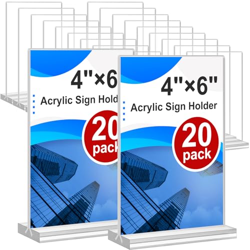 Acrylic Sign Holder 4x6 20 Pack Clear Table Vertical Double Sided Table Menu Display Plastic Desktop Picture Frames Stand Acrylic Paper Holder TableTop Sign Holder for Wedding Office Show Fair