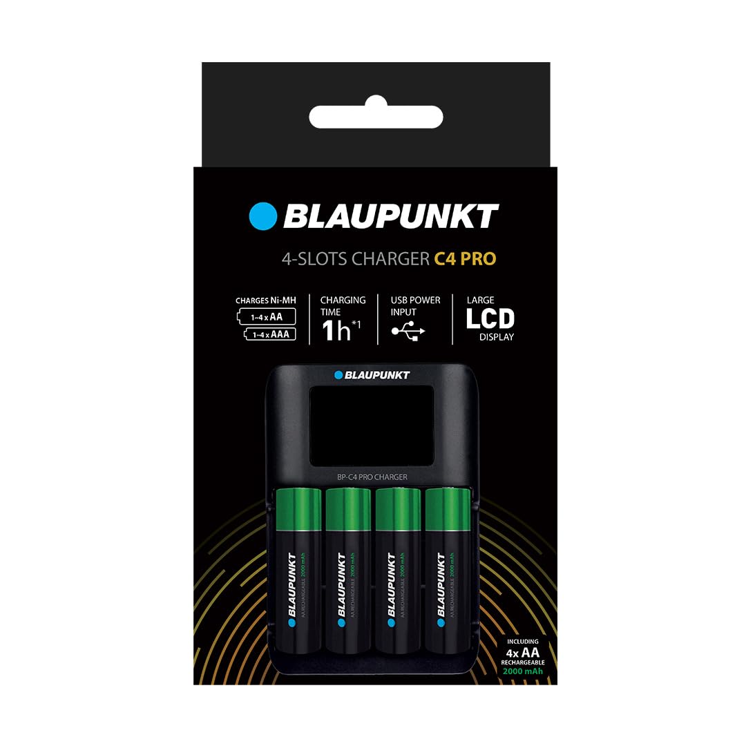 Blaupunkt Chargeur de Piles USB, pour 1-4 Piles Rechargeables AA,AAA, Rapide: 1h de Temps de Charge, 4 Blaupunkt Piles AA incluises 2000 mah