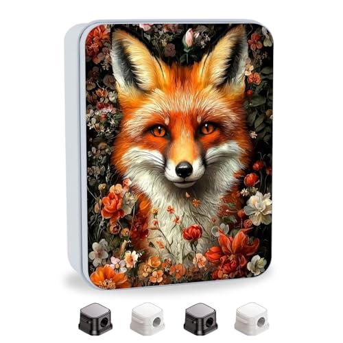 Image of Metal Tin Box with Lid,Multi-functional Storage Large Box Can Store Tea Biscuits Game Cards, Playing & Tarot Cards-Comes with 4 Magnetic Cord Clips,Fox Surrounded by Flowers