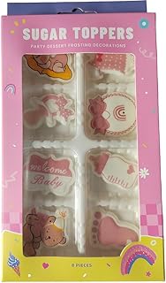 Edible 8pcs Pink Girls Baby Showers Themed Cake Decorations Dessert Sugar Sprinkles Party Cookie DIY Cake Cupcake Topper Icing Frosting Decoration Holiday Supplies