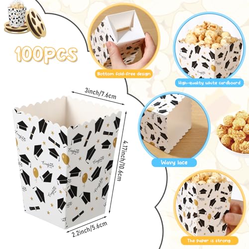 Image of CHENGU 100 Set Graduation Popcorn Boxes Class of 2026 Party Favors Supplies, Mini Paper Popcorn Containers Bucket Graduation Candy Box with Clear Treat Bags and Ties, 2.2 x 4.2 x 3