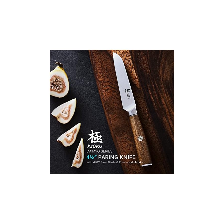 KYOKU-45-Inch-Paring-Knife-Daimyo-Series-Fruit-Knife-with-Ergonomic-Rosewood-Handle-and-Mosaic-Pin-Japanese-440C-Stainless-Steel-Kitchen-Knife-with-Sheath-Case KYOKU 4.5 Inch Paring Knife - Daimyo Series - Fruit Knife with Ergonomic Rosewood Handle, and Mosaic Pin - Japanese 440C Stainless Steel Kitchen Knife with Sheath & Case