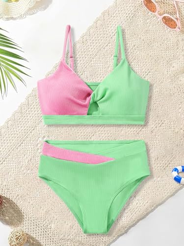 Image of Girls Swimsuit Color Block Twist Bathing Bikini Suit Adjustable Straps Girls 2 Piece Swimsuit 7-14 Years
