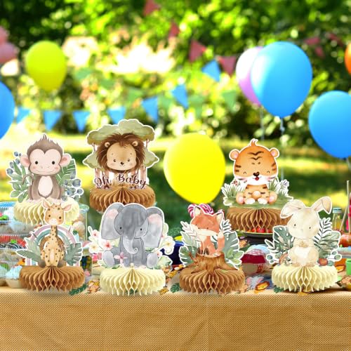 Image of 9Pcs Woodland Baby Shower Birthday Decorations Honeycomb Centerpieces, Forest Baby Shower Table Decorations Animals Birthday Party Table Centerpieces Toppers Decor