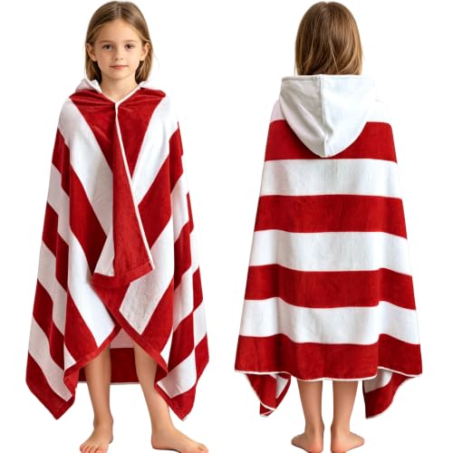 VOOVA & MOVAS Hooded Bath Towels 8 Years Up 100% Cotton,True Red Stripe