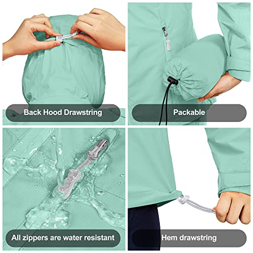 33,000ft Regenjacke Damen Wasserdicht Outdoorjacke Atmungsaktiv Herbst Übergangsjacke Leichte Jacke mit Kapuze Windbreaker zum Wandern Reisen Treking Fahrrad Mintgrün 40