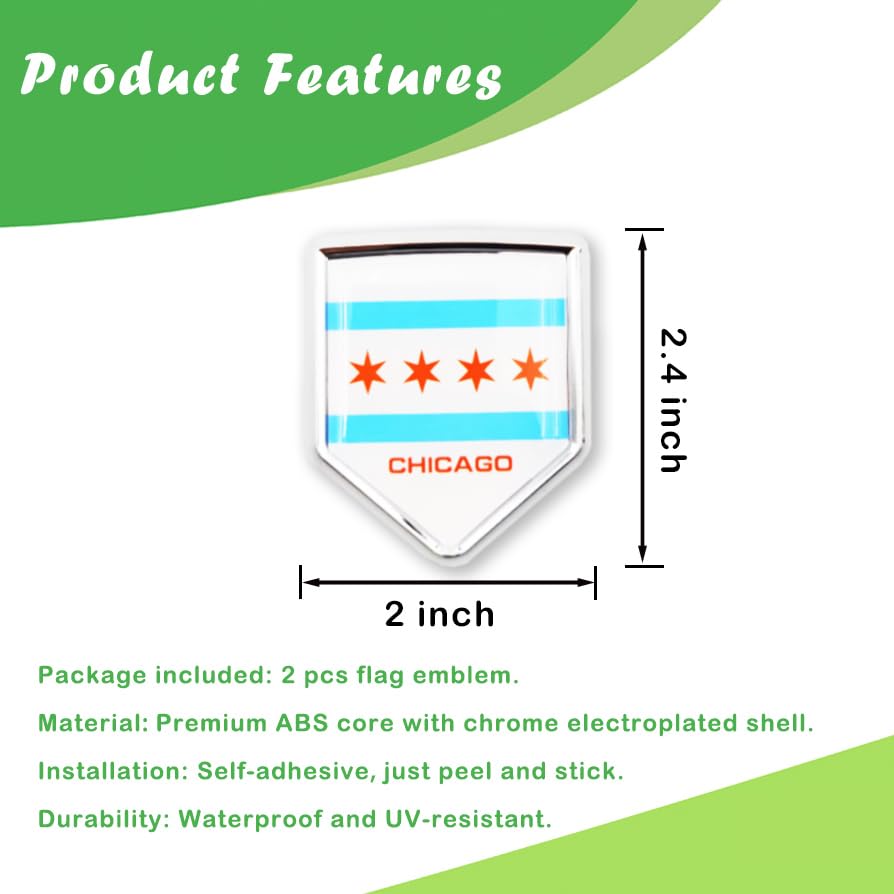 Image of Newperlite Chicago Flag Decal Sticker Car Emblem Chicago Flag Car Decoration Accessories Chrome Shield for Truck Vehicles Cars, 2 Pack