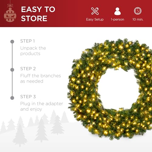 Image of Best Choice Products 24in Large Artificial Pre-Lit Fir Christmas Wreath Holiday Accent Decoration w / 50 LED Lights, 100 PVC Tips