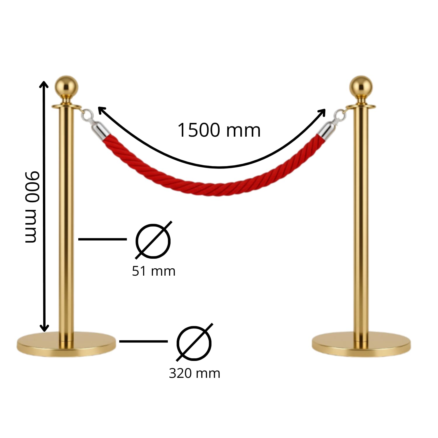 Générique Kit Poteaux de Guidage avec Cordons – Pack 2 Poteaux Or + 1 Corde Rouge 1,5 m – Tête Boule – Base Lourde Antidérapante