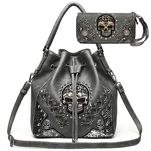 Punk Gothic Rock Metallic Skull Rivet Studded Skeleton Purse Sugar Skull Women Handbag Fashion Shoulder Bag Wallet Set