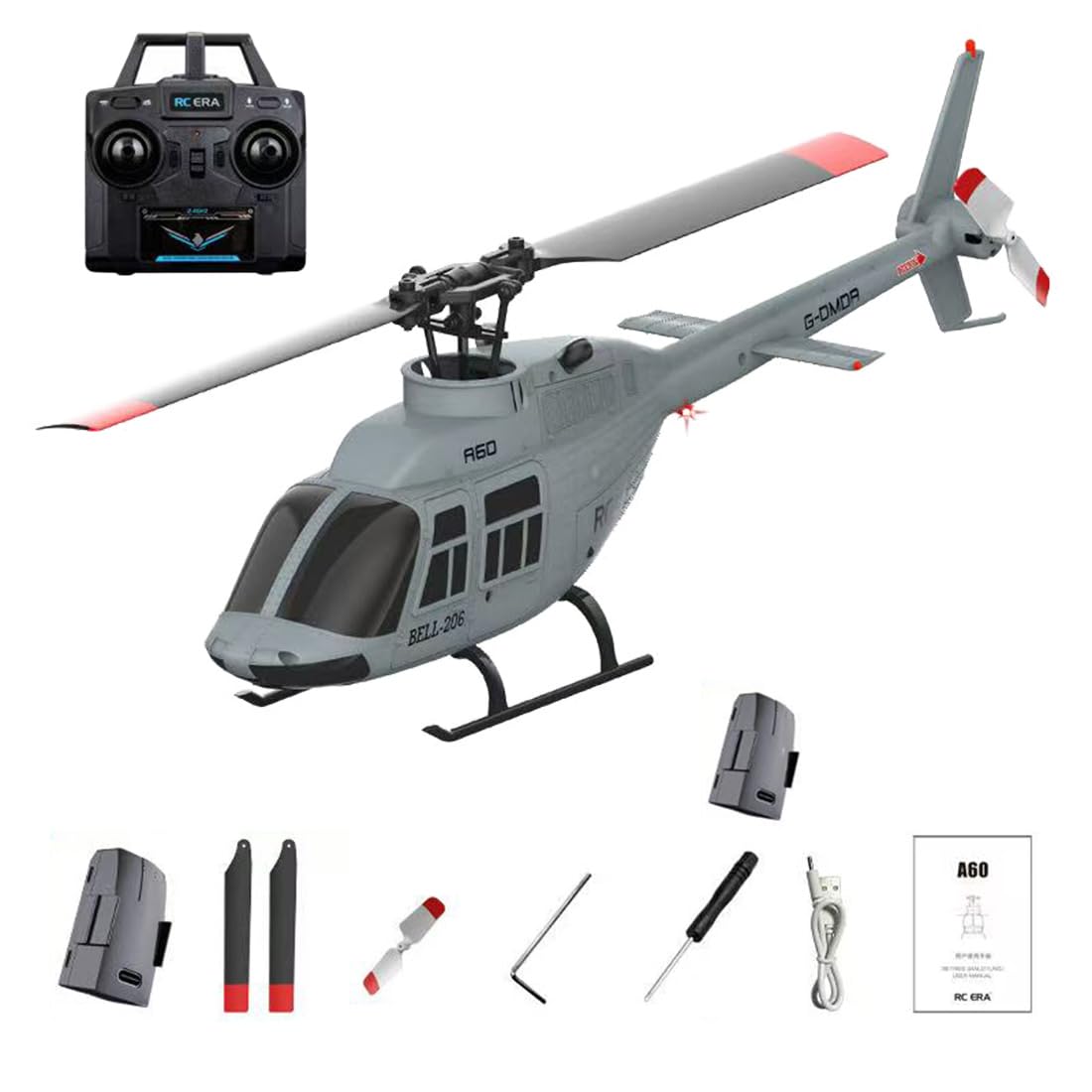 RC ERA A60 Bell 206 RC Helicopter for Adults, 1/42 Scale Single Rotor Flapless RC Helicopter, 6G 6CH Remote Control Aircraft Model with Altitude Hold & One-Key Takeoff Landing (RTF/2Battery)