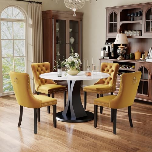 Image of 5-Piece Dining Table Set with 39In Faux Marble Table and 4 Velvet Upholstered Chairs, Modern Scandinavian Furniture for Dining Room Kitchen(Yellow)