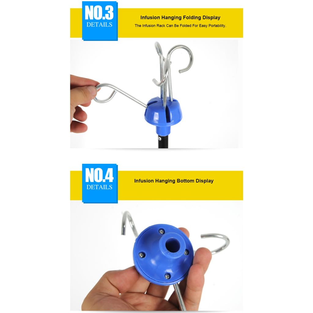 Soporte Soporte Plegable portátil para Bolsa de Goteo para portasueros, Soporte Plegable de aleación de Aluminio para infusión con 4 Ganchos y 3 Patas, Altura Ajustable Ancianos