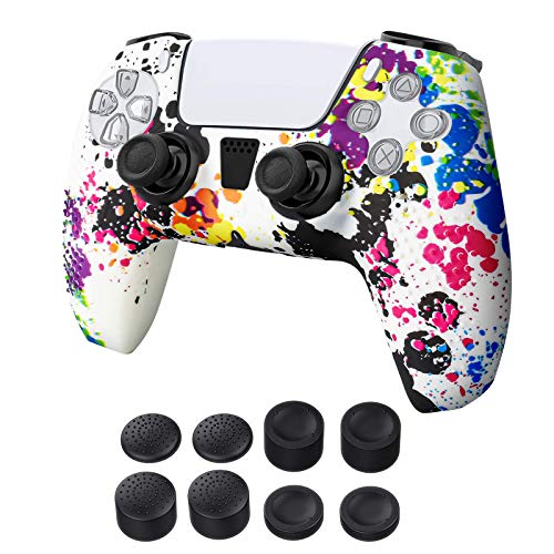 Newseego PS5 Controller-Schutzhülle,Graffiti Splashing Skin Case-Hülle,Silicon Soft Case Skin Shell Anti-Rutsch-Schutzhülle mit FPS PRO Daumengriffen x 8 für Playstation 5 Wireless Controller,White 23