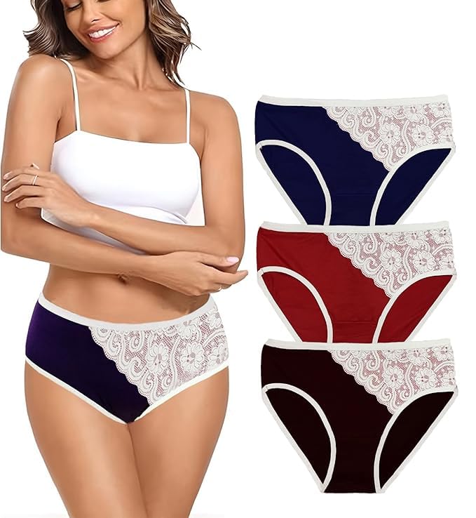 Women's Lace Trim Bikini Panties, Pack of 3, Navy Blue, Maroon, Brown (in, Alpha, L, Regular, 1, Multicolor)-image-3