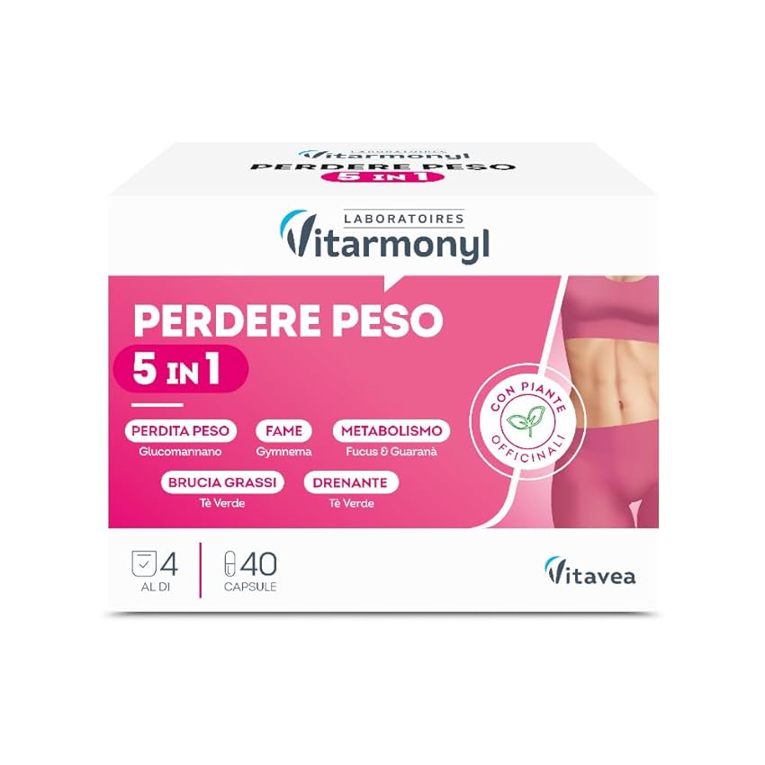 Perdere Peso 5 in 1 - Controllo della Linea - Brucia Grassi - Drenante Forte - Per il Metabolismo e Peso Forma - Con Glucomannano, Guaranà e Tè Verde - Confezione 40 Capsule - Vitarmonyl