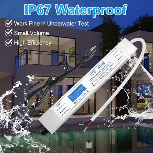 Image of LED Driver 40 Watts, IP67 Waterproof 12V Power Supply, AC 90-265V to DC 12V 3.33A Low Voltage Transformer with 3-Prong Plug 3.28ft Cable for LED Lights, Computer Project, Outdoor Use