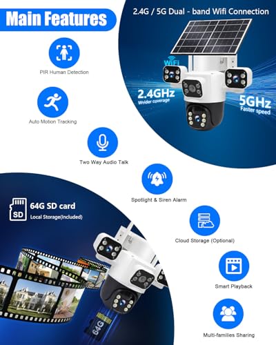 GUDFIDELIO Triple-Lens Solar Security Cameras Wireless for Home Surveillance Outdoor, 3 * 2MP HD Crystal Clarity, PTZ 360º Coverage, 8000mAh Built-in Battery, Included 64GB Local Storage