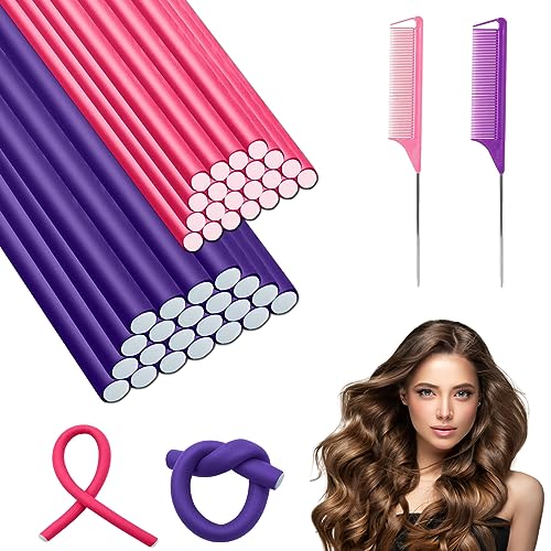 ZOCONE 40PCS Flexi Rods for Hair Thick 80mm+120mm Foam Hair Rollers for Long Hair Satin Heatless Curlers Bendy Foam Hair Rollers for Short Medium Long Hairstyles (Pink