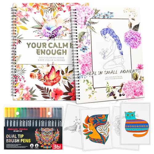 Malbücher für Erwachsene Entspannung mit 36 Pinselmarkern mit zwei Spitzen 2 Bücher 64 Tier- & Blumendesigns positive Affirmationen zur Stress- und Angstlinderung