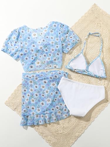 Verdusa Girl's 4 Piece Floral Print Bikini Swimsuit with Wrap Cover Up Sets2