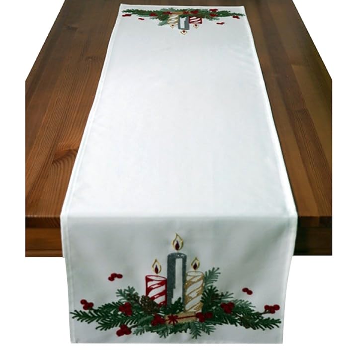 Tablecloth Table Runner Cushion Cover White Nostalgic Crank Embroidery Motif Advent Arrangement with Gold (40 x 140 cm) - Image 2