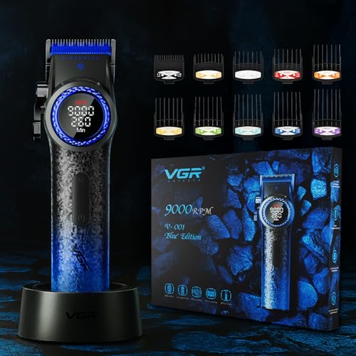 Image of VGR V-001 Professional Salon Quality Hair Clipper | ๐ต๐ฌ๐ฌ๐ฌ RPM High-Power DC Motor, ๐๐๐ Min Runtime, DLC Diamond-Coated Blade, LED Display & Light | Taper Lever & 15 Length Settings, Blue