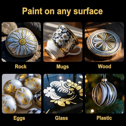 STATIONERY ISLAND Acrylic Paint Pens 12 PCS – Metallic Gold Silver White Black, Dual Tip Fine & Brush Markers, Water Based for Rock Glass Ceramic Wood Metal DIY & Halloween Crafts - Image 2