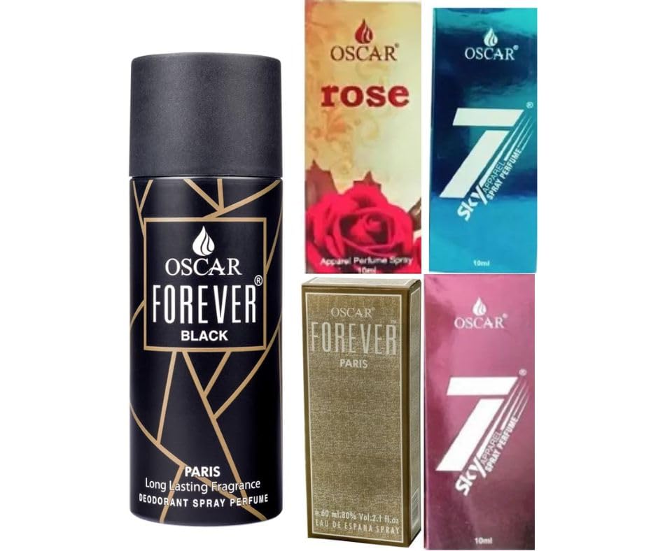 1 BLACK FOREVER PARIS DEO 150ML + 1 GRAY FOREVER PERFUME 10ML + 1 7SKY BLUE PERFUME 10ML + 1 ROSE PERFUME 10ML + 1 7SKY PINK PERFUME 10ML