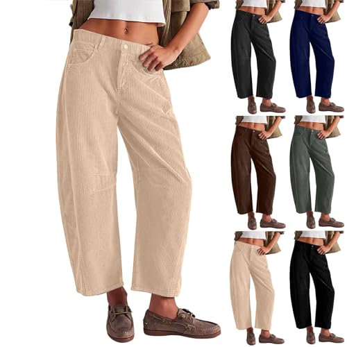 Womens Corduroy Pants Low Rise Button Wide Leg Cropped Pants Baggy Elastic Work Casual Y2K Barrel Pants with Pockets
