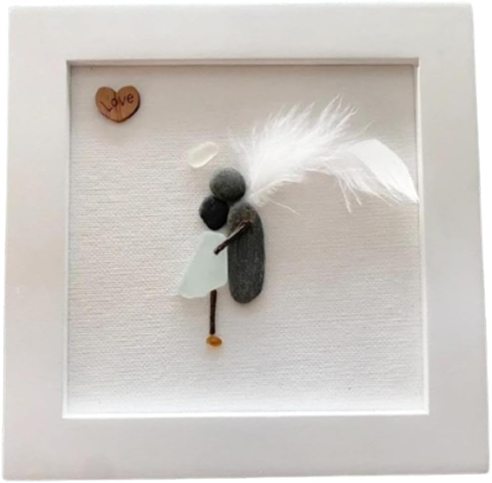 Sea Glass Art Sympathy Gift Remembrance Gifts for Loss of Loved Lovers Hug Wooden Photo Frame Angel Artwork Made of Pebbles Feathers Sea Glass Art Wall Decor Framed for Mourn The Dead Relatives(B)