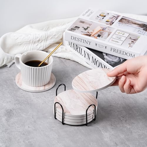 Hoewina 6Pcs Drink Coasters With Holder, Marble Style Ceramic Drink Coaster thumb #4