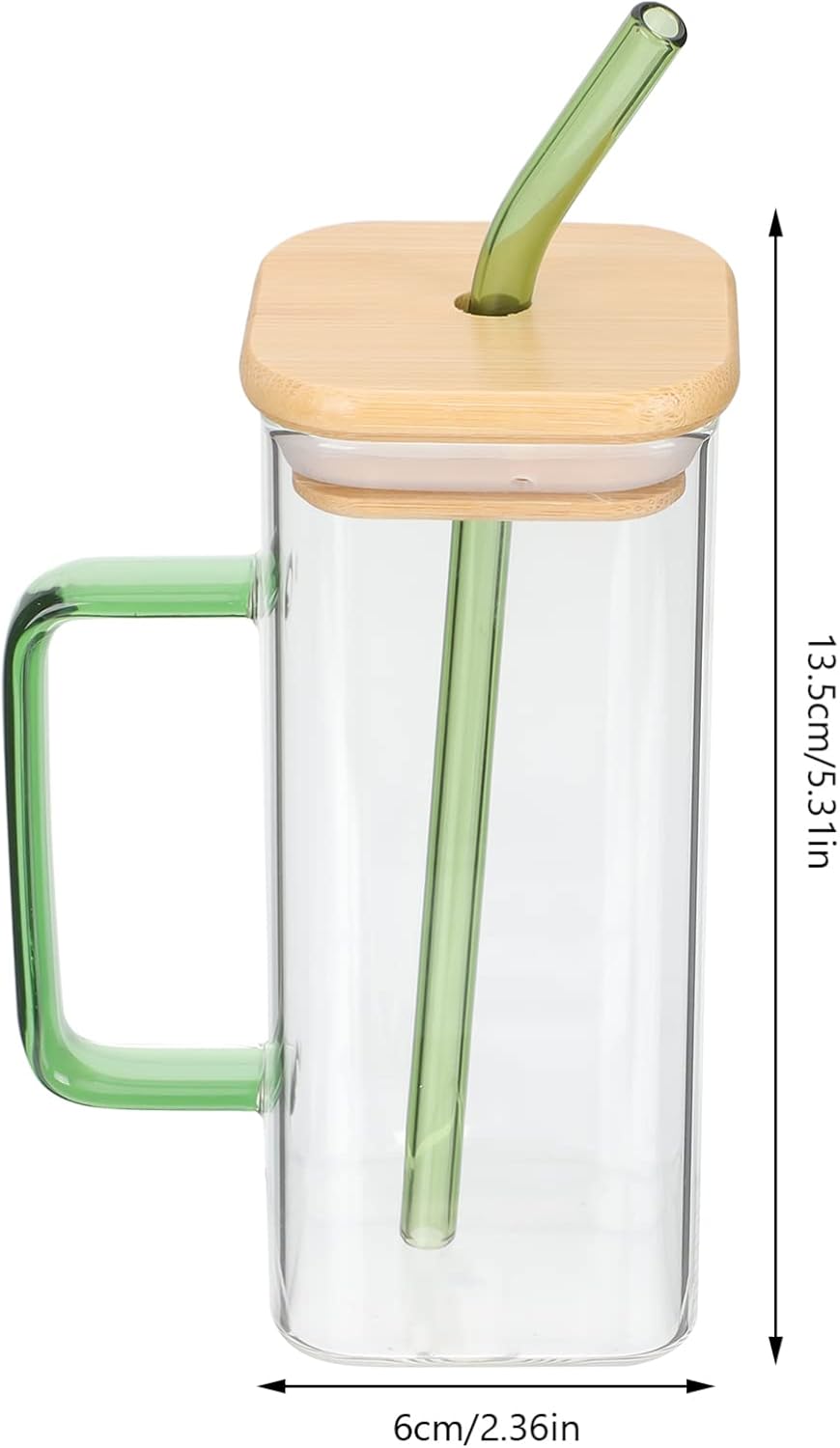 Hemoton Drinking with Bamboo Lid and Set - 13.5Oz(400ml) Square Cup with Handle, Iced Coffee Glasses (Green)