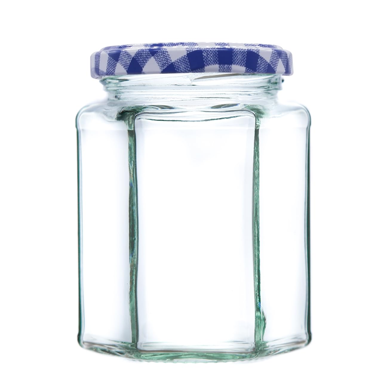 Wares Of Knutsford Blue Gingham Lid 340G (280Ml) Hexagonal Glass Jam Jars - Marmalade, Honey Hex Jar (, Pack Of 24)
