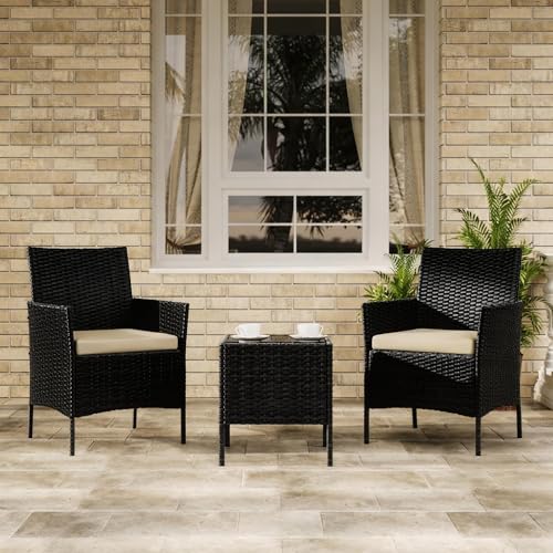 Image of GAOMON 3-Piece Patio Bistro Conversation Set, PE Rattan Wicker Outdoor Furniture - 2 Cushioned Chairs & Tempered Glass Coffee Table - All-Weather for Balcony /Porch /Yard - Black /Grey /Brown & Beige