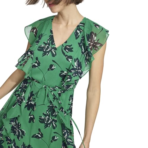Image of Tommy Hilfiger Women's Sleeveless V-Neck Ruffle Trim Tie Waist Chiffon Mini Dress
