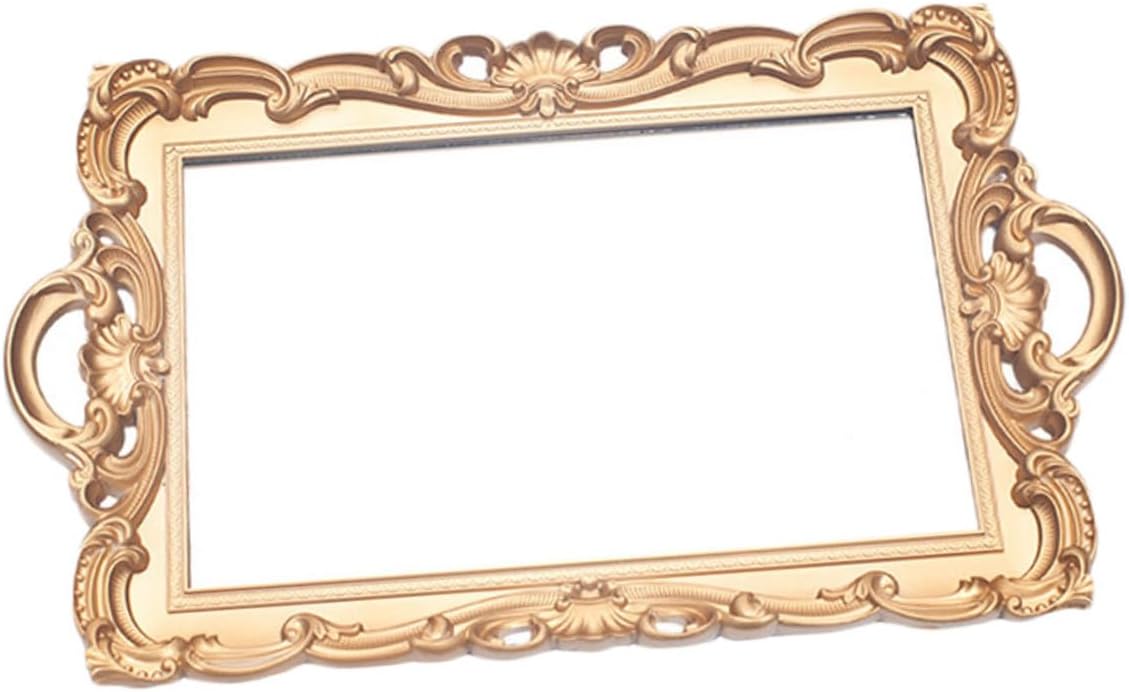 GARVALON Retro Mirror Plate Makeup Tray Gold Rectangular Cosmetic Storage Organizer Decorative European Vintage Perfume Display Tray for Vanity and Photo Props