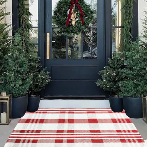 Christmas Door Mat Outdoor 27.5” x 43” Red and White Plaid Rug Christmas Decor Rug Cotton Hand-Woven Layered Door Mats Washable Carpet for Front Porch, Kitchen, Farmhouse, Entryway (27.5” x 43”)