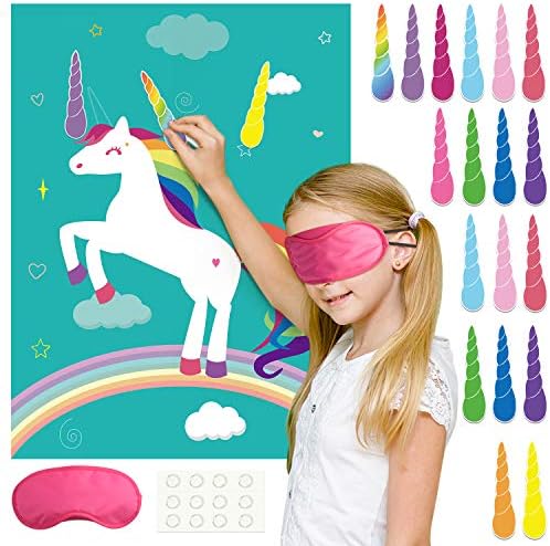 FEPITO Pin The Horn on The Unicorn Birthday Party Game with 24 Horns for Unicorn Party Supplies Kids Birthday Girls Rainbow Party Decoration Home Wall Decor