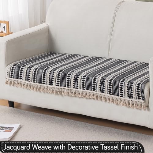 Image of HOKIPO 'Artisan Boho Series' Sofa Cover Mat with Tassel for 2 Seater Sofa | 450 GSM Thick Cotton Acrylic Jacquard Fabric, Charcoal Black (IN-902-A3*S)