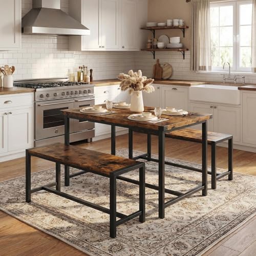 GarveeHome Dining Table Set for 4, Kitchen Table with 2 Metal Wood Benches, Rectangular Room Dining Table Set, 3 Piece Bench Table Set for Small Space, Apartment, Studio, Rustic Brown Rustic