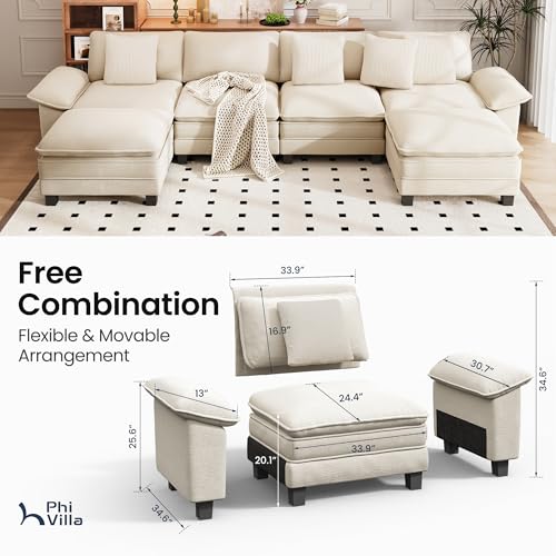 Image of PHI VILLA Cloud Modular Couch Sets, 157.5 inch Oversized Sectional Sofa with U-Shaped Chaise, 6-Seater Couches with Movable Ottomans for Living Room, Chenille Beige