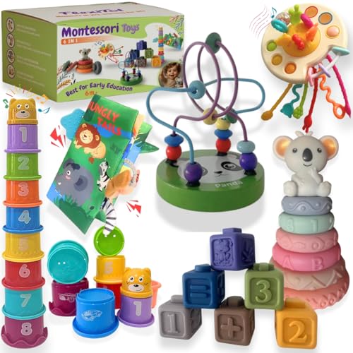 FlexiTot Montessori 6 a 12 meses | 6 em 1 | Brinquedos bebé 6 meses, blocos de construção crianças 1 ano, jogo educativo para crianças, livros sensoriais, labirinto com cordão para puxar, presentes