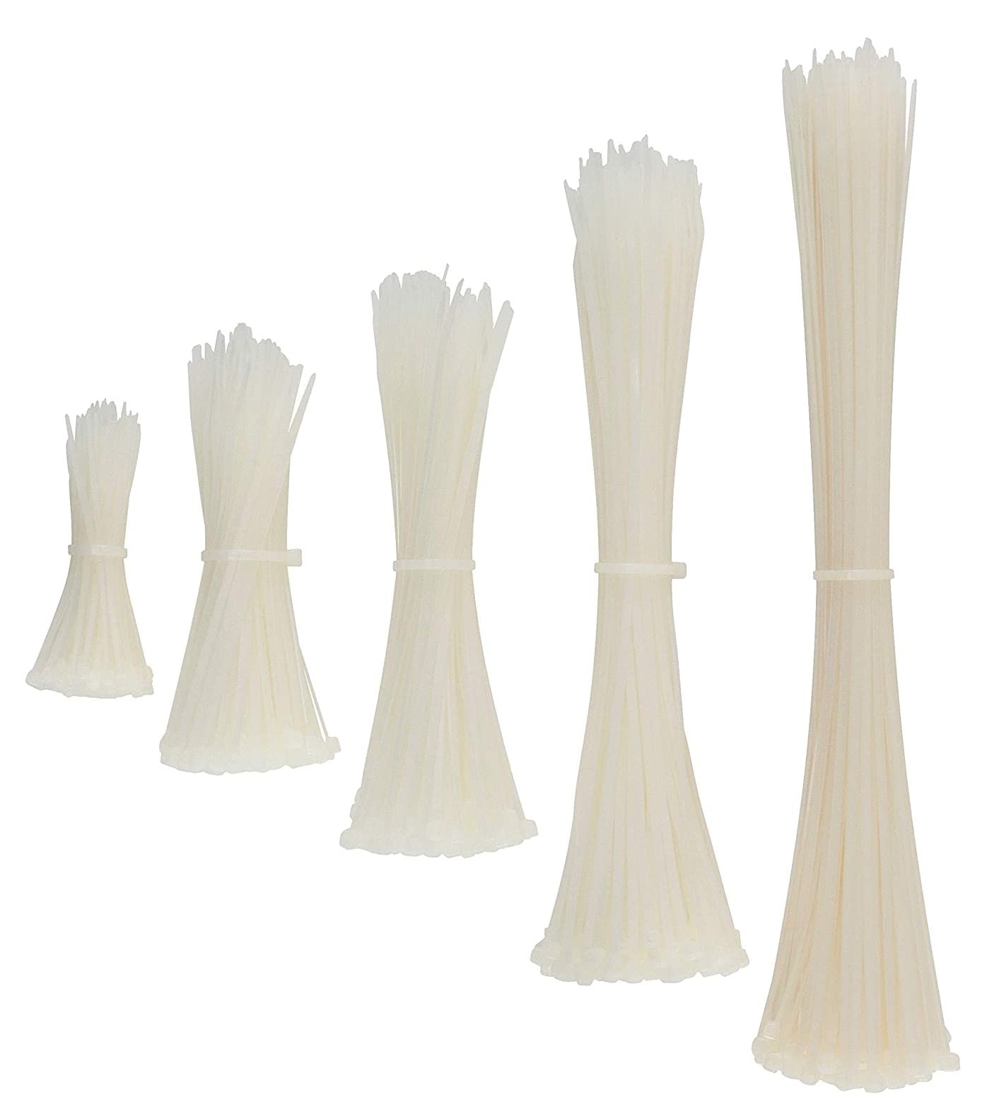 Cable Ties Assorted Sizes White Zip Ties with 4 + 6 + 8 + 10 + 12 inch Wire tie Nylon riot Packaging (500 Pack)