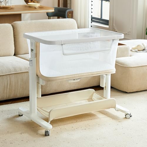 Image of VaVaSoo Electric Baby Bassinet, All-Mesh Bedside Sleeper with 3-Speed Auto Rocking, 8 Soothing Sounds, Remote Control, 5-Height Adjustable Baby Crib with Wheels & Storage for Newborn 0-6 Months, Beige